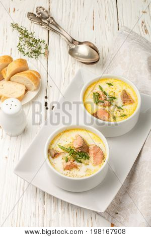 Creamy Fish Soup With Salmon, Potatoes, Onions And Carrots. Kalakeitto. Traditional Dish Of The Finn