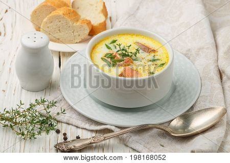 Creamy Fish Soup With Salmon, Potatoes, Onions And Carrots. Kalakeitto. Traditional Dish Of The Finn