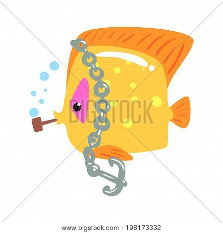 Funny cartoon yellow tang fish with anchor chain colorful character vector Illustration on a white background