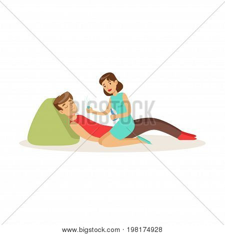 Woman providing first aid to a lying unconscious man vector Illustration on a white background