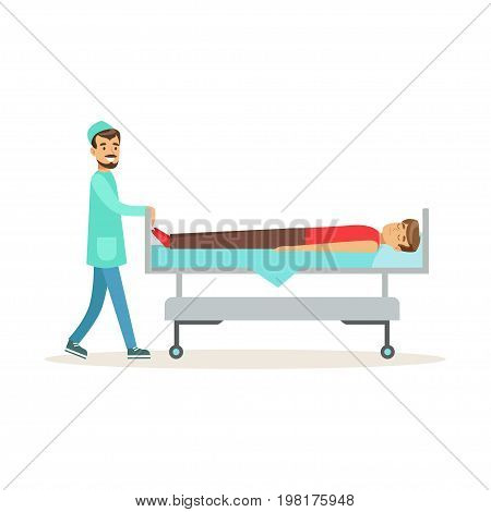 Emergency doctor transporting injured man on emergency medical stretcher, first aid vector Illustration on a white background