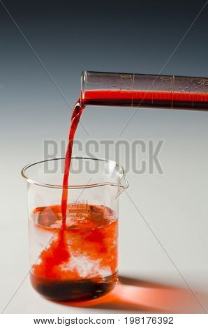 Physics. Miscible fluids. Colored pigments being poured into water. 2 of 4 image series.
