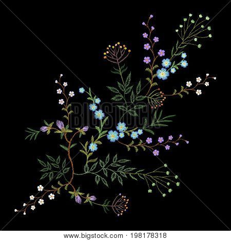 Embroidery trend floral pattern small branches herb leaf with little blue violet flower. Ornate traditional folk fashion patch design neckline blossom black background vector illustration art