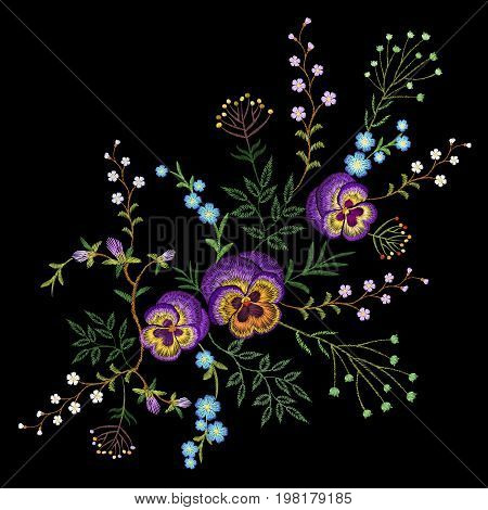 Embroidery pancies floral pattern small branches wild herb with little blue violet field flower. Ornate traditional folk fashion patch design neckline black background vector illustration art