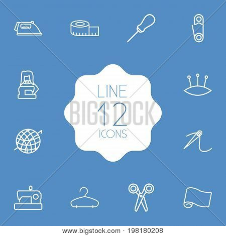 Collection Of Needle, Fabric, Crochet And Other Elements.  Set Of 12 Stitch Outline Icons Set.