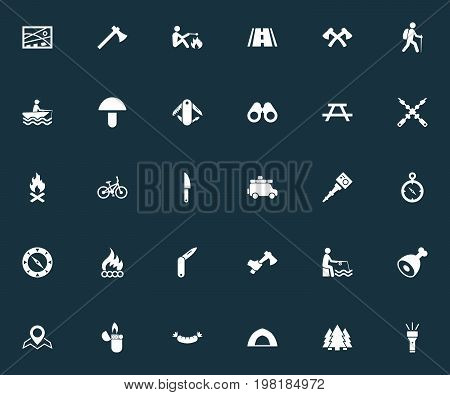 Elements Bonfire, Minivan, Outdoor Furniture And Other Synonyms Crossed, Hatcher And Smoking.  Vector Illustration Set Of Simple Camp Icons.