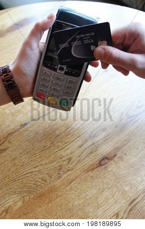 Contactless Payment Card Pdq Background Copy Space With Hand Holding Credit Card To Pay