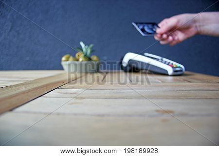 Contactless Payment Card Pdq Background Copy Space With Hand Holding Credit Card To Pay