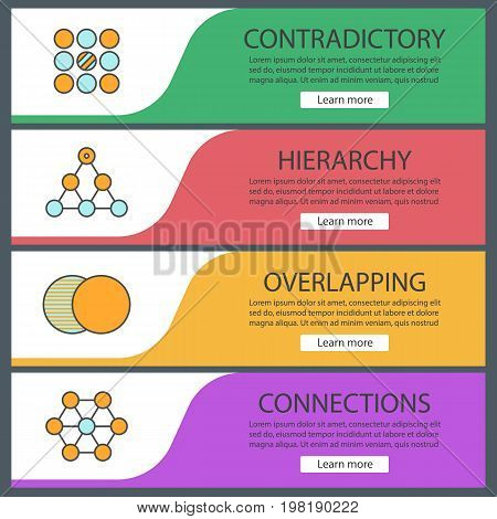 Abstract symbols web banner templates set. Contradictory, hierarchy, overlapping, connections. Website color menu items. Vector headers design concepts