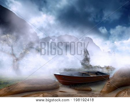 Lndscape: the boat in the fog on the water