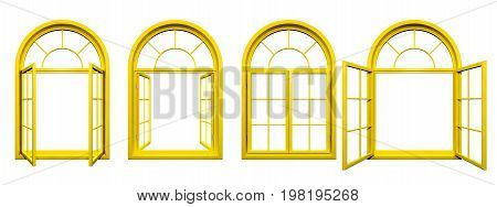 Collection of yellow arched windows isolated on white