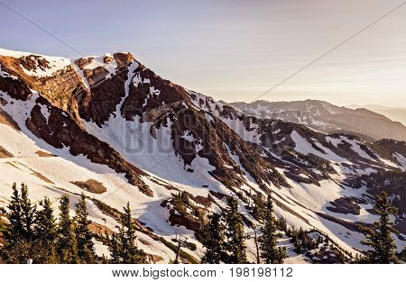 Mountain tops at Snowbird Resort in Little Cottonwood Canyon, Utah.