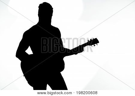 Black Silhouette Of A Man With A Guitar On A White Isolated Background. Horizontal Frame