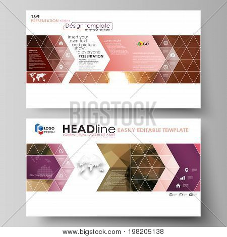 Business templates in HD format for presentation slides. Easy editable abstract vector layouts in flat design. Beautiful background. Geometrical colorful polygonal pattern in triangular style.