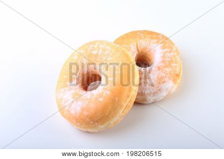 Homemade Doughnuts with Jelly filled and powdered sugar isolated on white background. Selective focus
