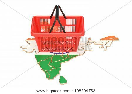 Shopping basket on Indian map market basket or purchasing power in India concept. 3D rendering