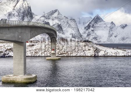Travel Destinations and Sights. Partial View of Ascending Famous and Renowned Fredvang Bridge in Norway at Lofoten Islands. Shot from Low Point. Horizontal Image Composition