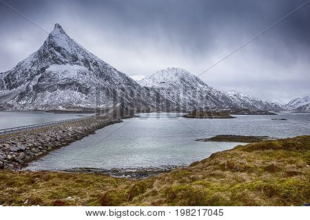 Travel Destinations and Sights. Partial View of the Famous and Renowned Fredvang Bridge in Norway at Lofoten Islands. Horizontal Image