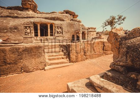 Front of the 6th century cave temple famous Hindu structure of Karnataka state, India. Historical andmark in Aihole, town.