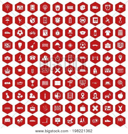 100 bus icons set in red hexagon isolated vector illustration