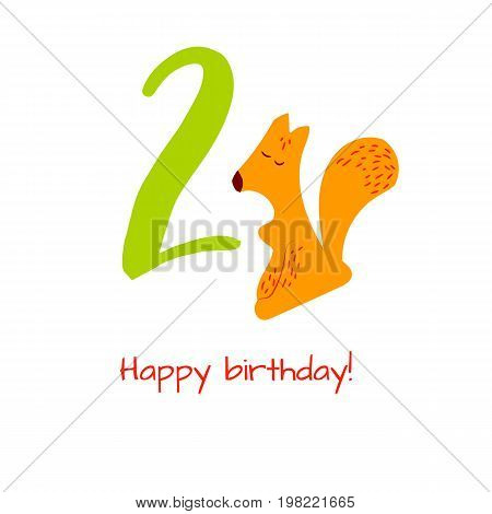 Happy birthday card with squirrel in hand drawn style forposter, invitation and nursery decor. Vector illustration. Isolated on white background