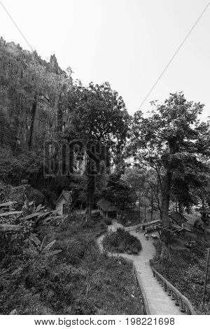 Vertical black and white picture of the stairs to reach the Tham Chang Cave in the city of Vang Vieng Laos. Tropical Vegetation.