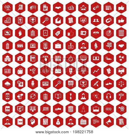 100 business training icons set in red hexagon isolated vector illustration