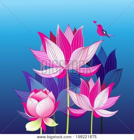 Bright lovely postcard with a love bird on lotuses