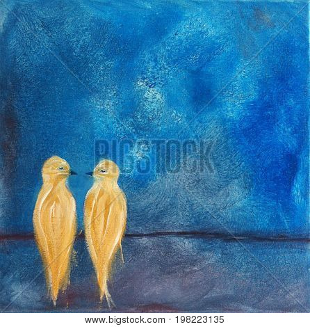 Acrylic Painting on Canvas of Two Birds on a Wire using Blues, Yellows, Violet