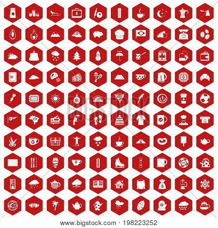 100 coffee cup icons set in red hexagon isolated vector illustration