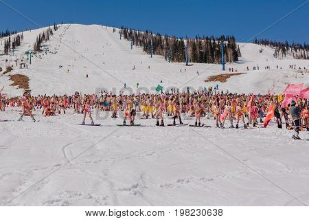 Group Of Young Happy Pretty Women On A Snowboard In Colorful Bikini With Flags.