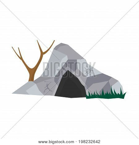 Cave in stone home for prehistoric people with entrance, bare tree and grass vector illustration isolated on white. Caveman place for living, house in rock for primitive person, ancient civilization