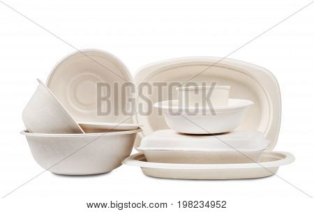 Group of product made from bagasse for container food Box bowl and cup. Isolated on white background Clipping path.