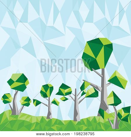 Vector geometric low poly green tree set with sky poly background
