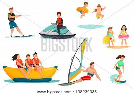 Summer water activities set including persons on banana boat motorcycle kids with rubber rings isolated vector illustration