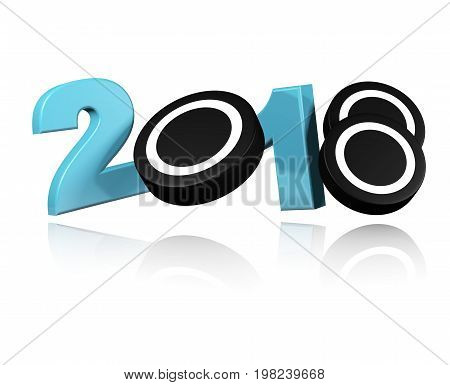 3D illustration of Three Ice Hockey pucks 2018 Design with a white Background