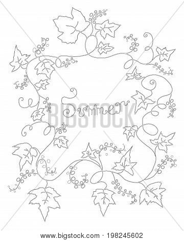 Black and white decorative berry frame isolated. Сurrant on a branch in foliage. Vector hand drawn illustration coloring page for adult and childrenart book textile print poster design