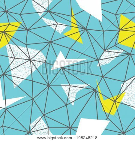 Triangles wire-frame seamless repeat pattern. Triangular facets. Doodles hand-drawn pattern.  raster pattern. Wireframe Background Blue and Yellow Seamless Pattern. 