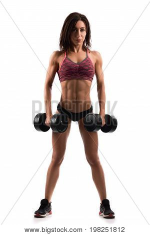 Full length shot of a beautiful young athletic woman pumping iron lifting heavy dumbbells working out isolated on white sportswear sportsperson motivation healthcare fitness concept.