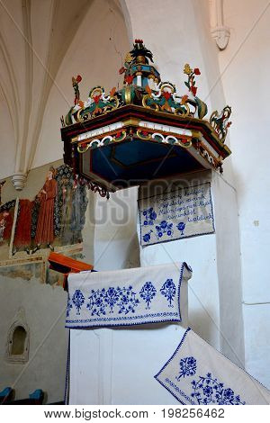Pulpit of the fortified medieval church in Dirjiu, Transylvania