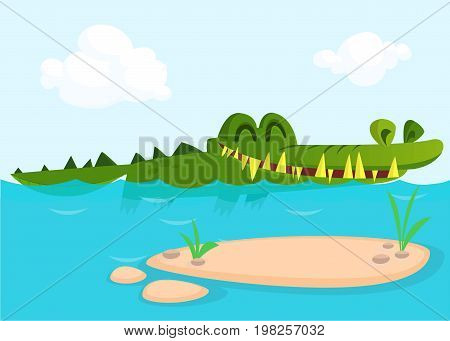 Cute crocodile lizard cartoon swimming. Vector character illustration for children book.
