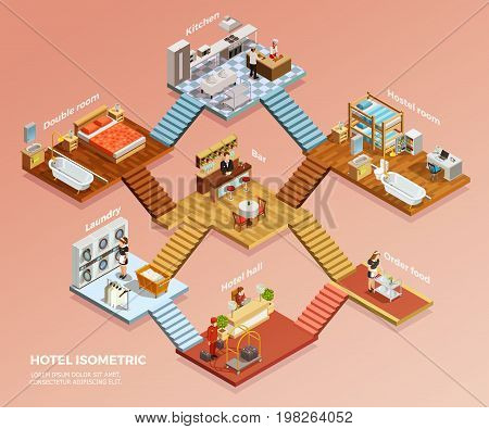 Different hotel rooms design interior with furniture isometric composition vector illustration