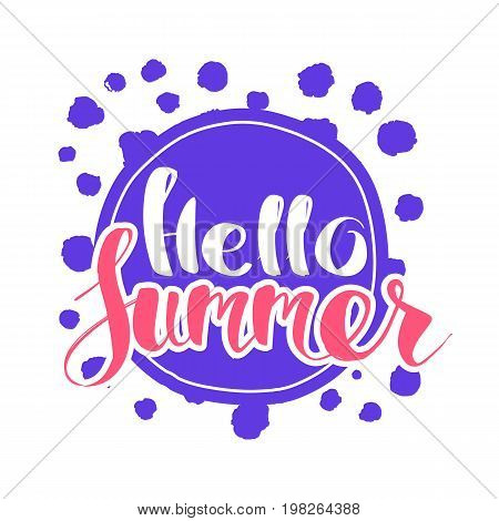 Hello Summer on color circle. Isolated Typographic Design Label. Season Holidays lettering for logoTemplates invitation greeting card prints and posters. Enjoy The Beach party