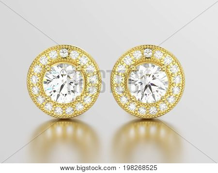 3D illustration two yellow gold diamonds screw post sterling earrings with reflection on a grey background