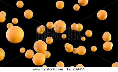3d rendering flying oranges on dark background. High resolution 3D image. 3d illustration