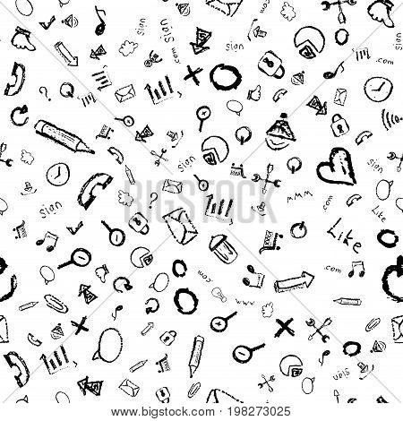 Seamless pattern of web icons, hand drawing chalk, black on white background, Stock vector illustration
