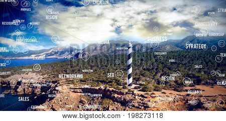 Sphere of icons and words against lighthouse by sea against mountains and sea 