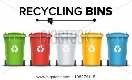 Realistic Containers For Recycling Waste Sorting Vector. Set Of Red, Green, Blue, Yellow Buckets.