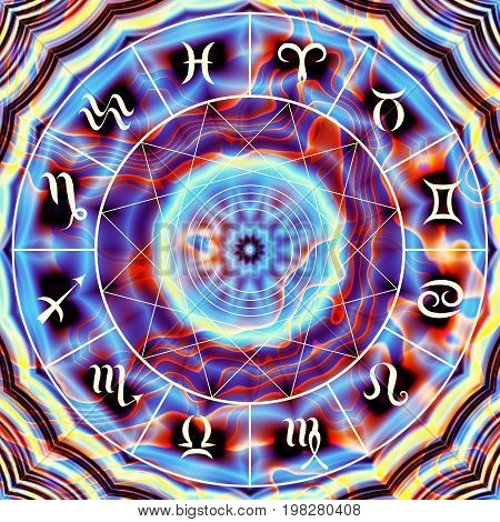 Magic circle with zodiacs sign on abstract mystic background.