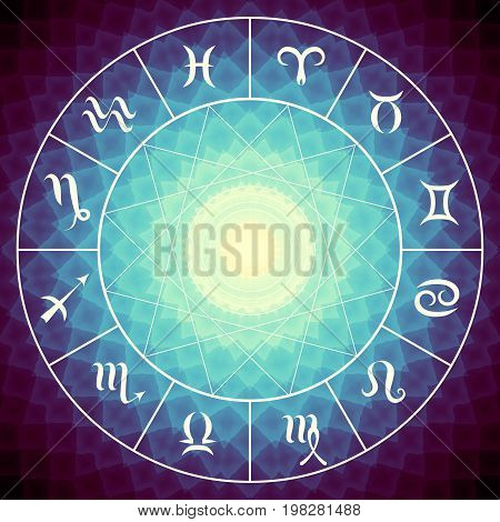 Magic circle with zodiacs sign on abstract mystic background.